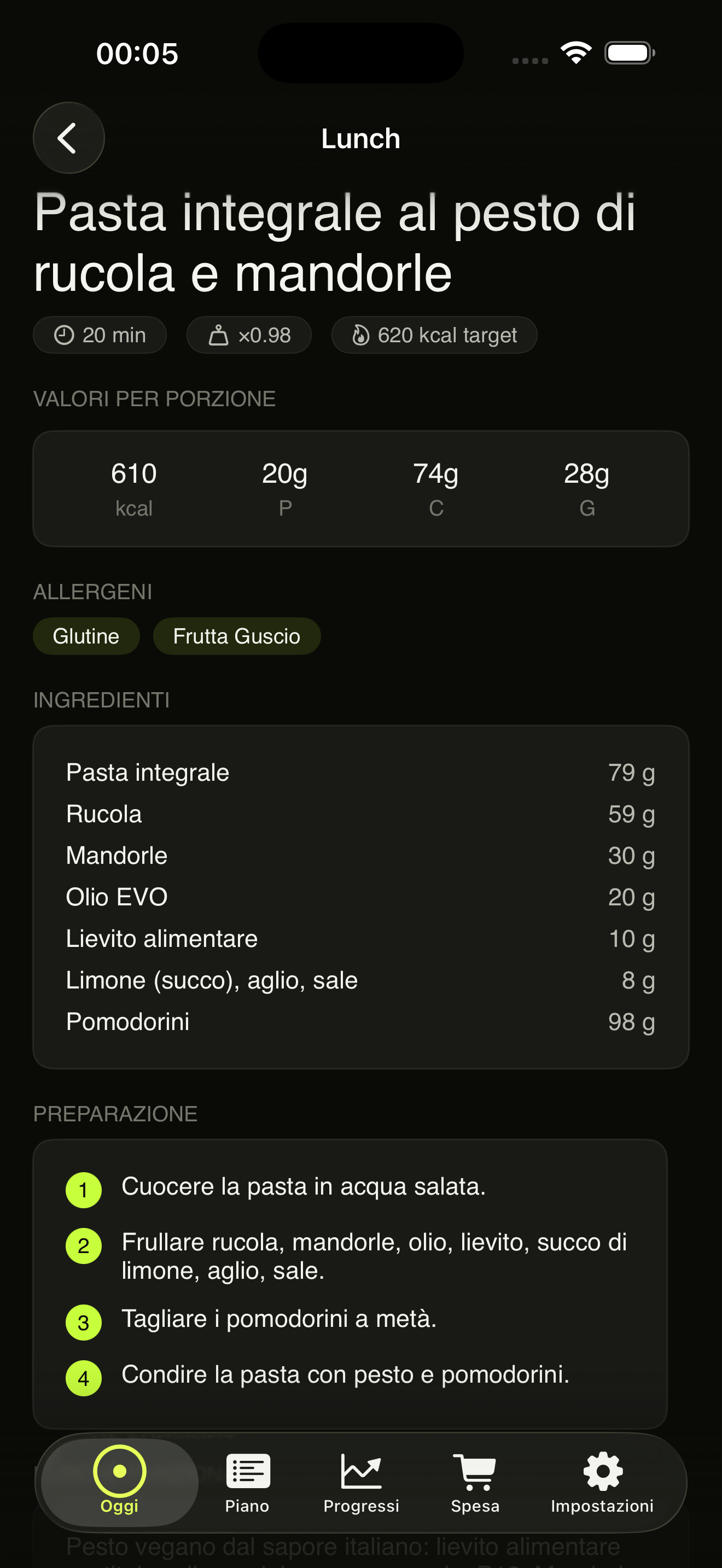 Eidos meal detail screen in dark mode