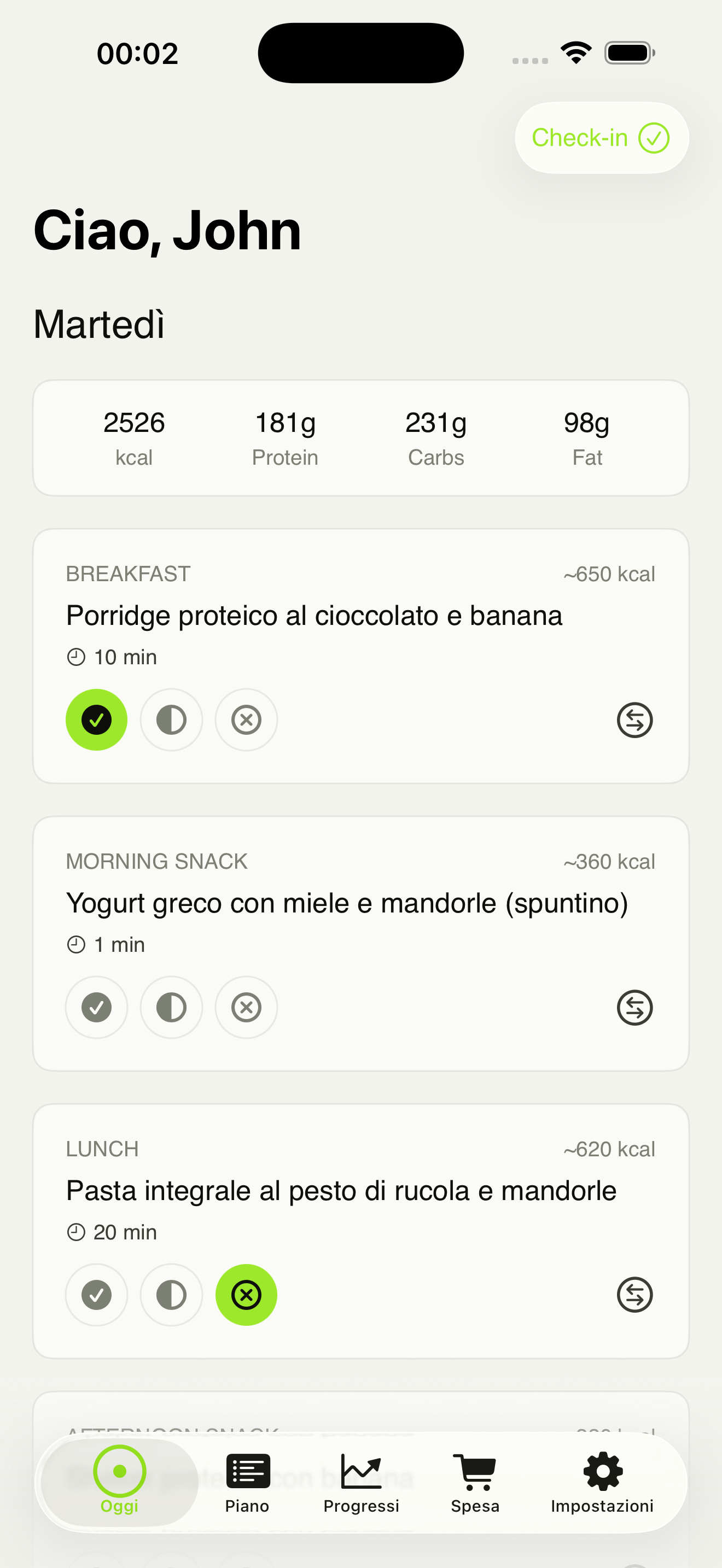 Eidos Today screen showing daily meals and check-in states